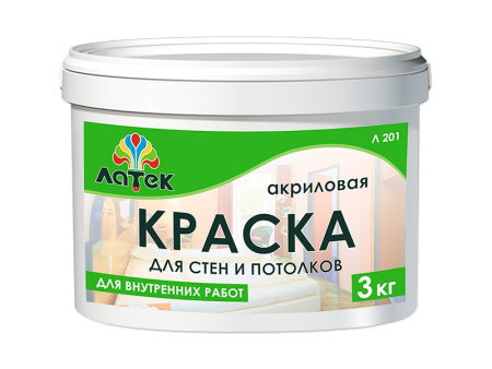 Краска акриловая ЛАТЕК для стен и потолков для внутренних работ 3кг  Л 201 LAP001